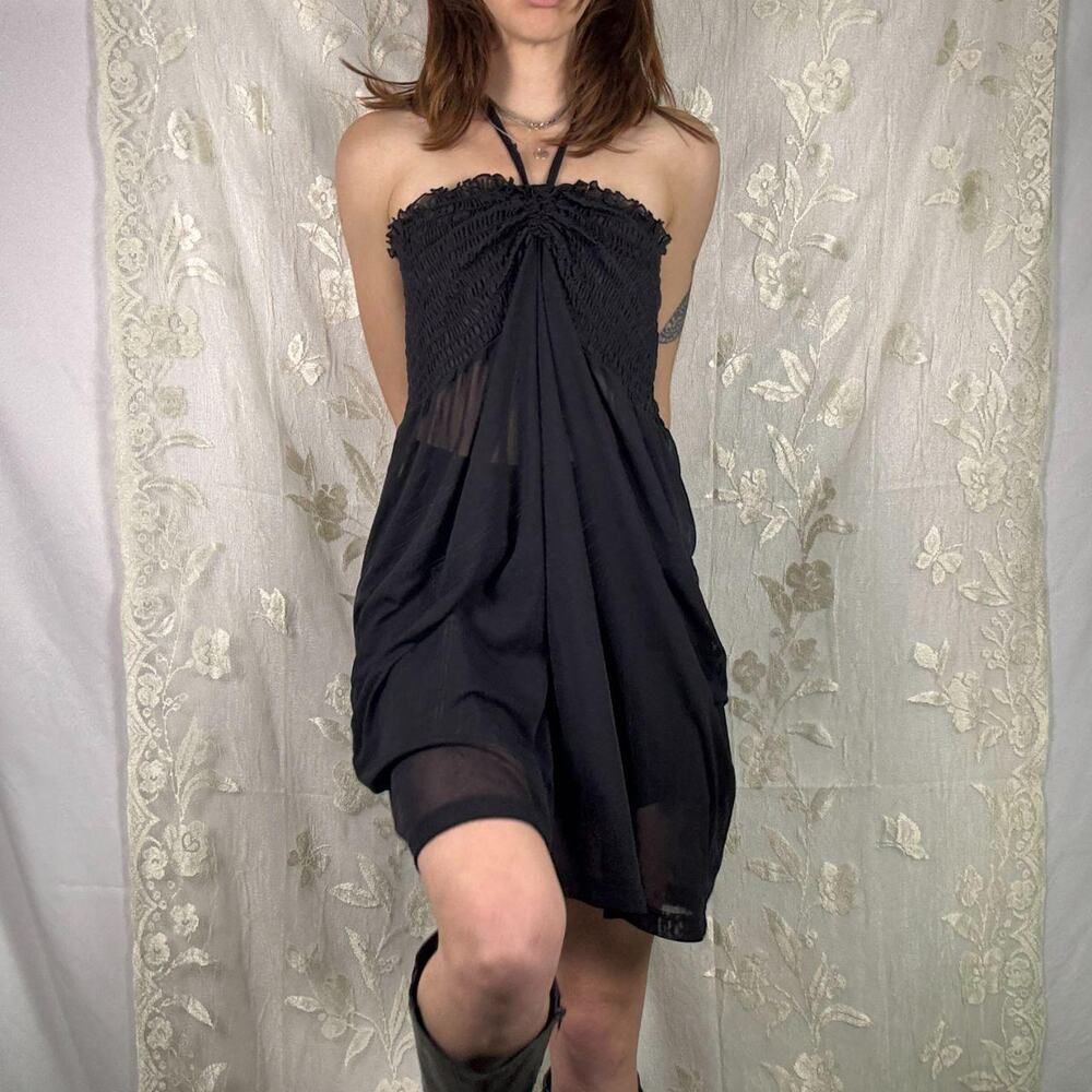 Y2K Sheer Black Mesh Smocked Halter Top - Plus Size Mini Dress Swim Cover Up